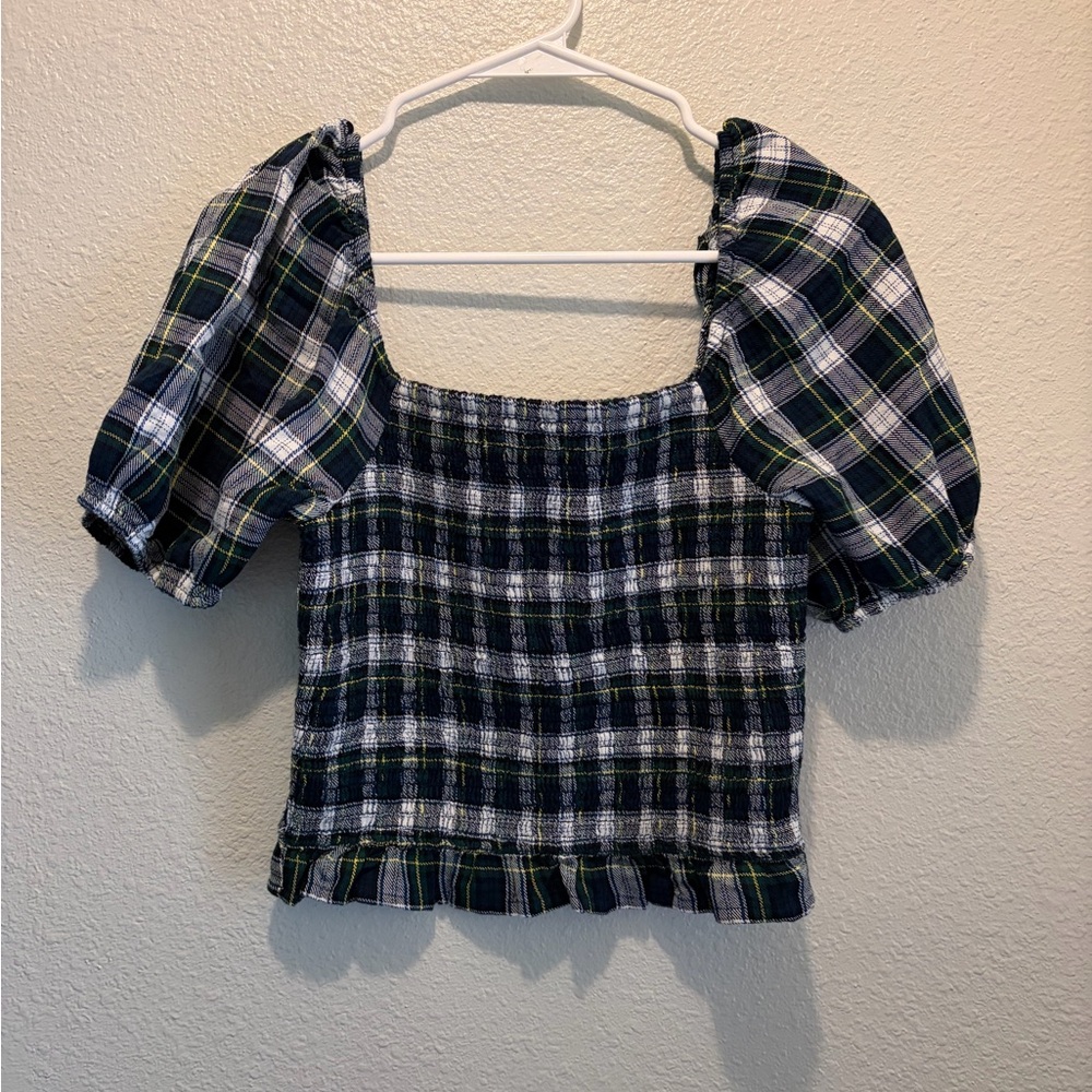 American Eagle Plaid Puff Sleeve Cropped Women's Top Size Small